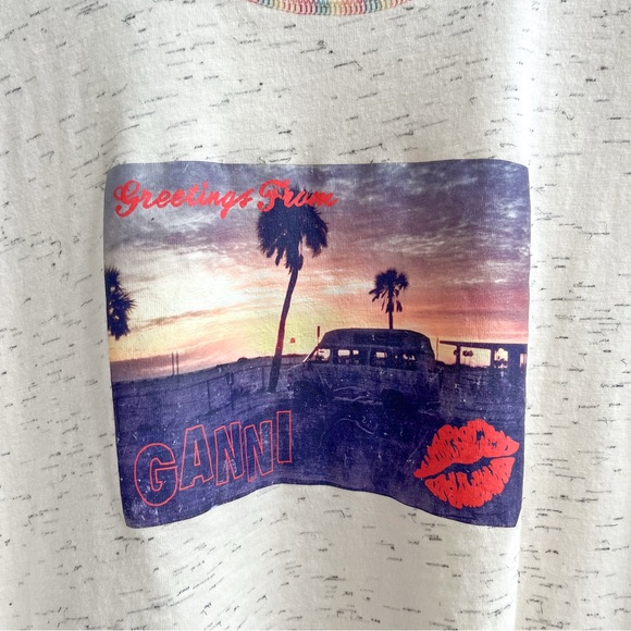 [ganni] greetings from fringe crop beach graphic short sleeve tee egret XS - Picture 7 of 10